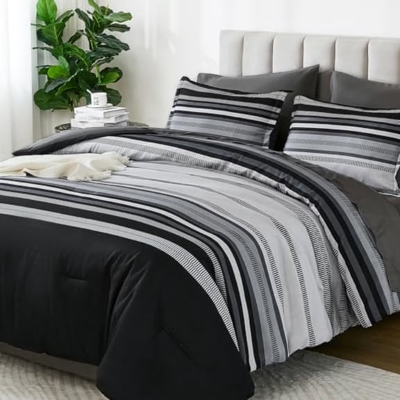 Black Comforters Queen Size Set 7 Pieces Boho Striped Grey Bed in a Bag Queen Soft Microfiber Bedding Set with Comforter Sheets Pillowcases and Shams All Season