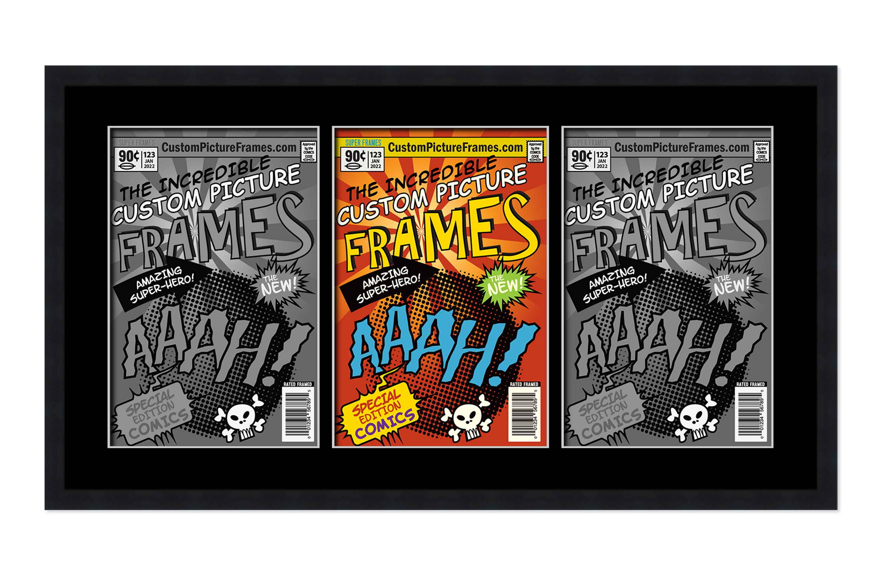 Black Comic Book Frame with Black Mat - 3 Openings to Display 3 7.125 ...