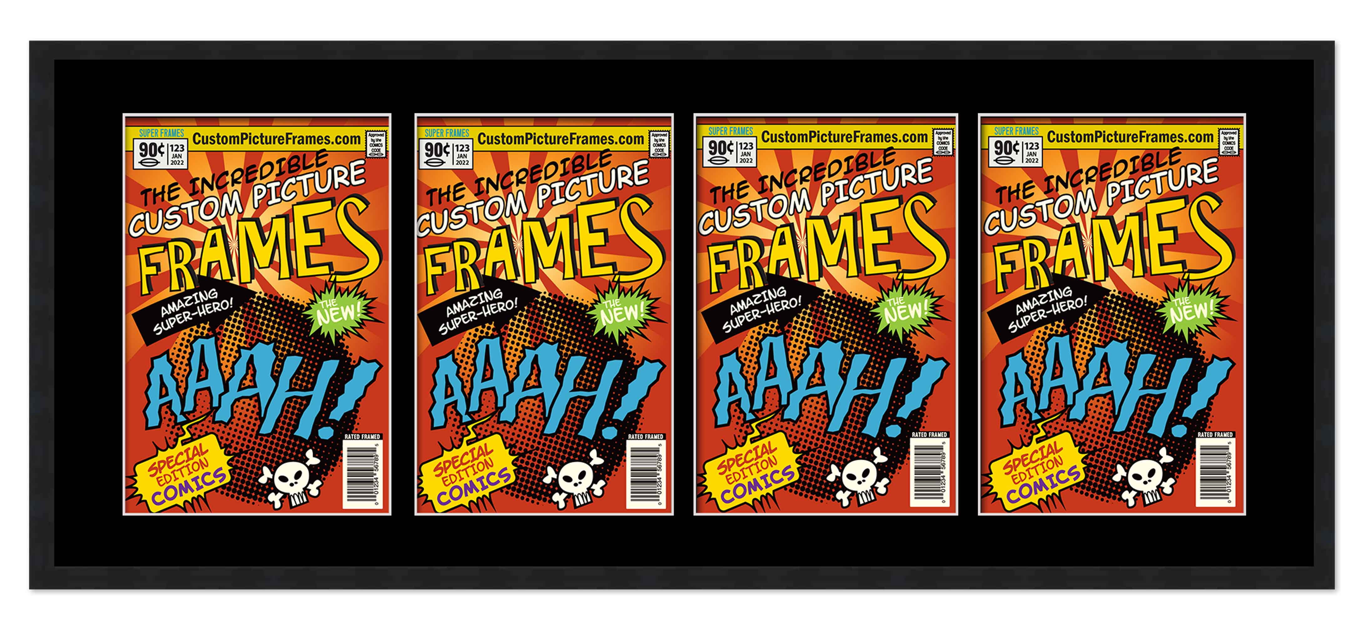 Black Comic Book Frame With Black Mat 4 Openings To Display 4 7 25 black-comic-book-frame-with-black-mat-4-openings-to-display-4-7-25