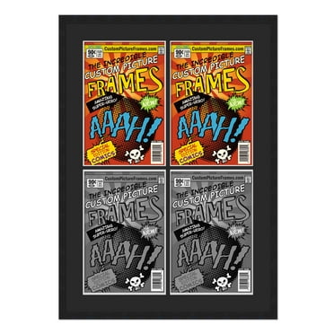 Black Comic Book Frame with Black Mat - 4 Openingss to Display 4 6.875"x10.5" Current Era Comic