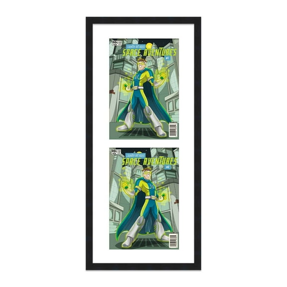 Black Comic Book Frame with White Mat - 2 Openingss to Display 3 6.875"x10.5" Current Era Comic