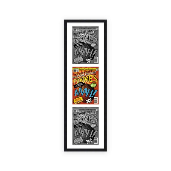 Black Comic Book Frame with White Mat - 3 Openingss to Display 3 6.875"x10.5" Current Era Comic