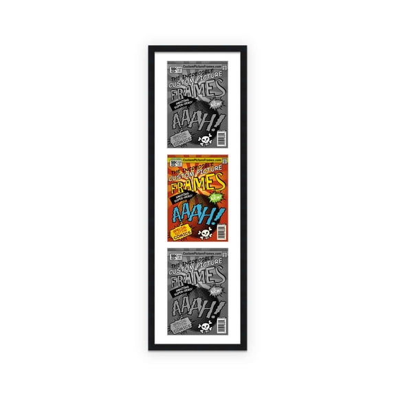 Black Comic Book Frame with White Mat - 3 Openingss to Display 3 7.75"x10.5" Golden Age Comic