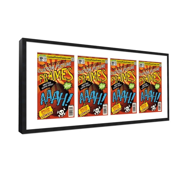 Black Comic Book Frame with White Mat - 4 Openings to Display 4 6.875"x10.5" Current Era Comic