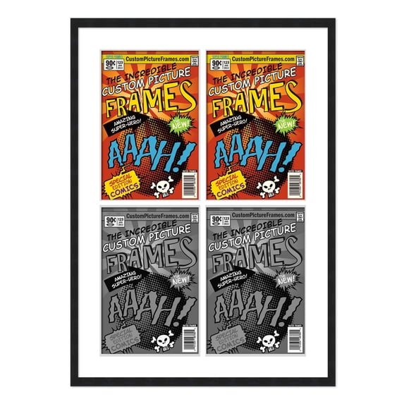 Black Comic Book Frame with White Mat - 4 Openingss to Display 4 6.875"x10.5" Current Era Comic