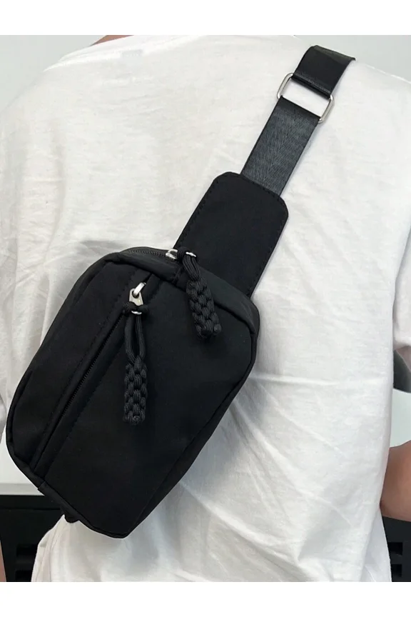 Black Compact Crossbody Waist Bag With Braided Zipper Pulls Adjustable