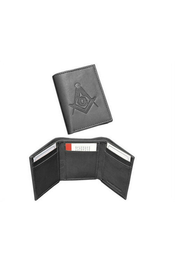 Black Compass and Square Masonic Leather Tri-Fold Wallet Freemasons Symbol Logo