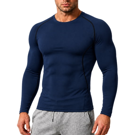 Black Compression Shirt for Men with Quick-Dry Fabric and Long Sleeves Featuring Tight Fit Design for Gym Sessions Weight Training Crossfit Classes Morning Runs Navy XXL