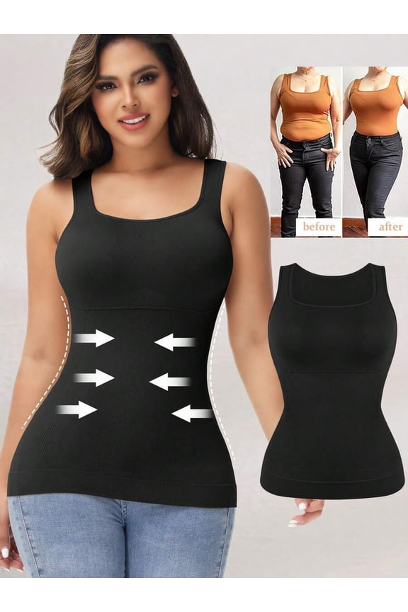 Black Compression Tank Cami With Square Neckline Firm Tummy Control Shapewear Vest