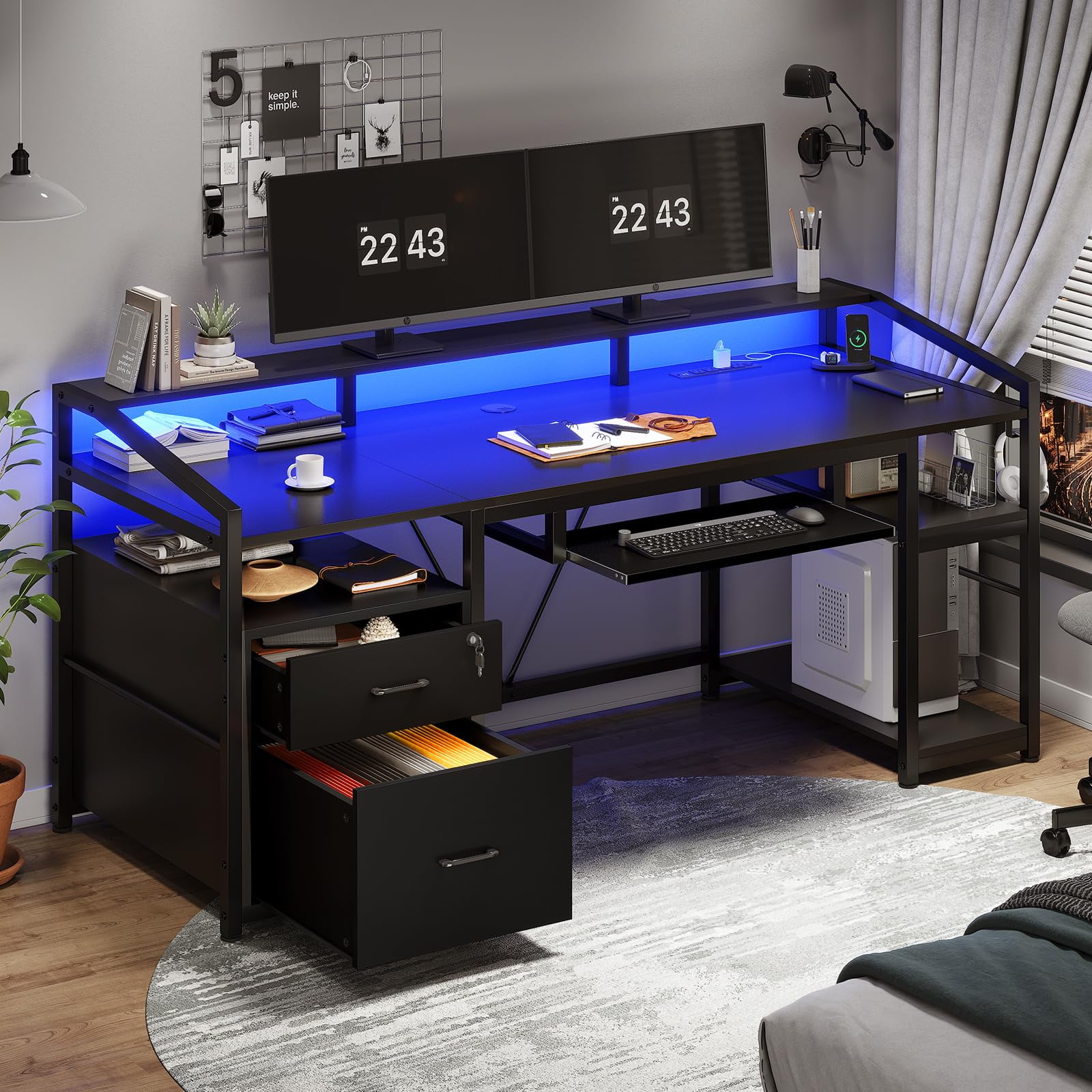 Black Computer Desk with Drawers,63" Office Desk with LED Light & Power
