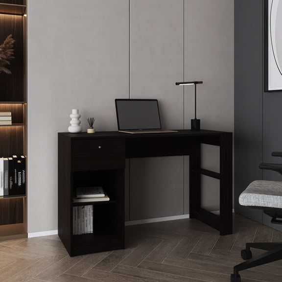 Black Computer Desk With Practical Design. 1 Drawer, 2 Shelves. Engineered Wood Construction. Accommodates Laptop, Monitor. Perfect For Small Spaces. & Compliant. Simple To Assemble And Use Storage