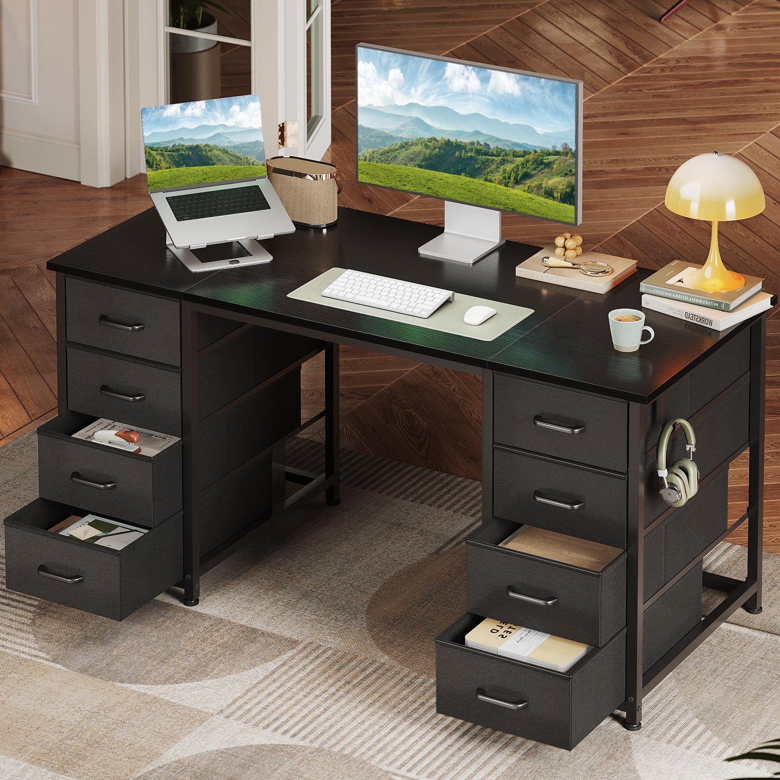 Black Computer Desk with Drawers for Storage - 48 inch Home Office Desk  with 8 Fabric Drawers, Writing Study Desk with Drawers on Both Sides for  Bedroom - Walmart.com, image size:1600x1600