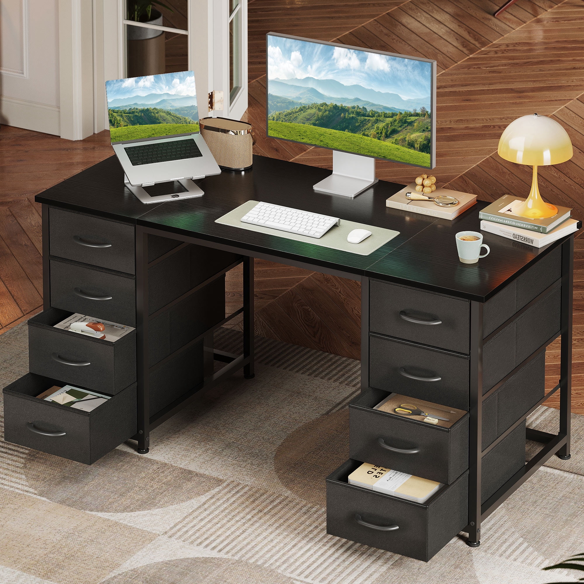 Black Computer Desk with Drawers for Storage - 48 inch Home Office Desk with 8 Fabric Drawers, Writing Study Desk with Drawers on Both Sides for Bedroom