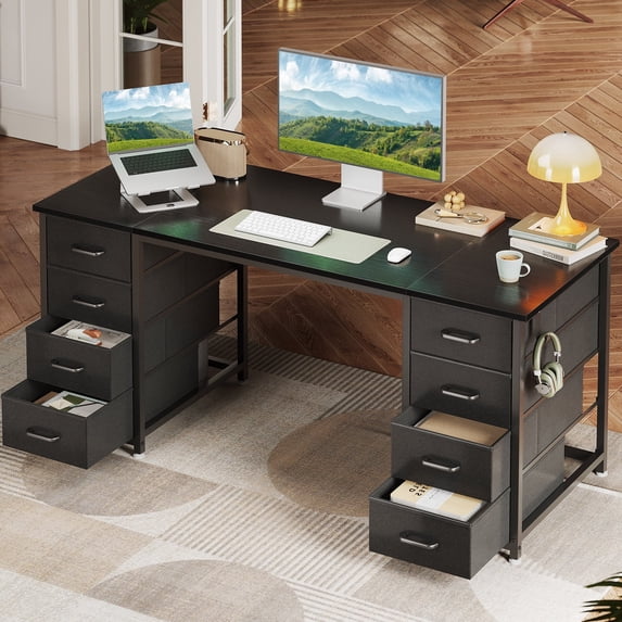 Black Computer Desk with Drawers for Storage - 55 inch Home Office Desk with 8 Fabric Drawers, Writing Study Desk with Drawers on Both Sides for Bedroom