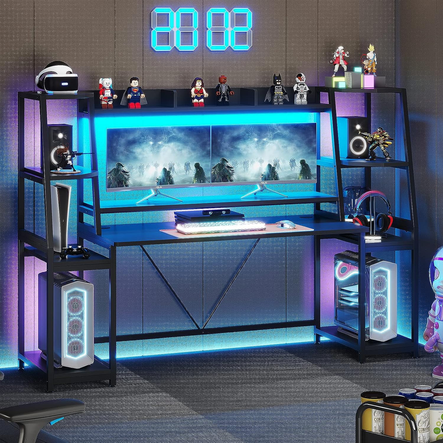 Black Computer Desk with LED Lights 78.8'' Gaming Desk with Hutch