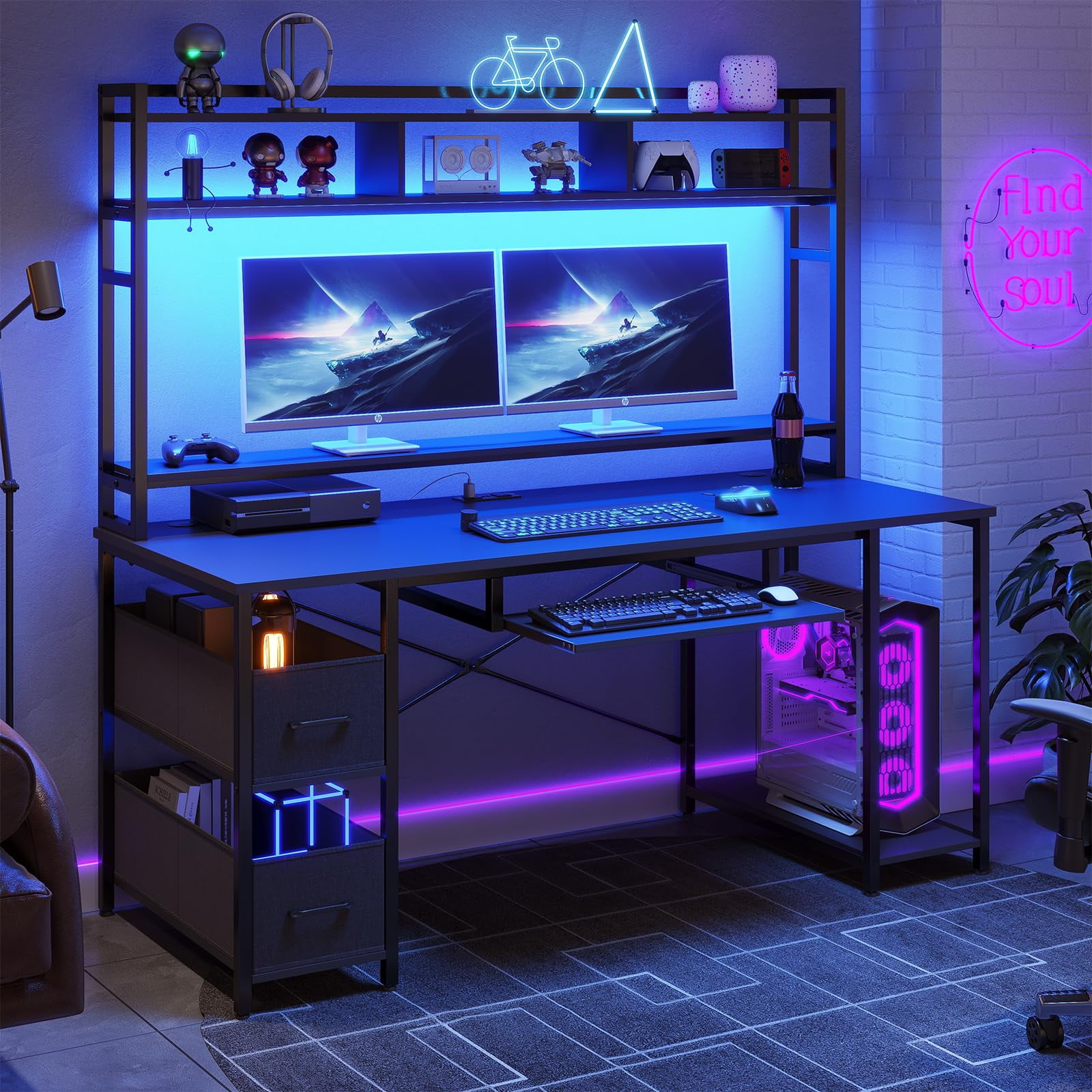 Black Computer Gaming Desk with Bookshelf&LED Lights&Power Outlet,55 inches Home Office PC Table