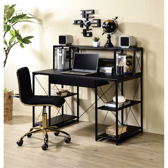 Black Computer Table With Ample Work Area Office Desk Thoughtful Design And Storage