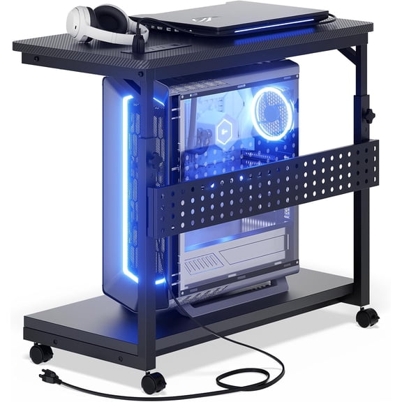 Black Computer Tower Stand with Outlets, PC Tower Stand for Floor