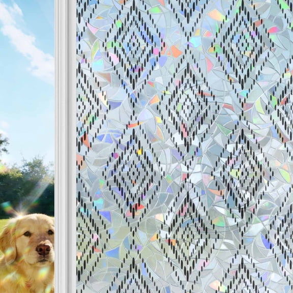 Black Concentric Diamond Rainbow Window Privacy Film, Modern Abstract Geometric Checkered Grid Stained Glass Window Film, Sun Blocking Glass Clings Non Adhesive Door Stickers 17.7 x 39.3 Inches