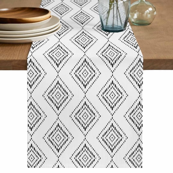 Black Concentric Diamond Table Runner, Modern Abstract Geometric Checkered Grid Cotton Linen Table Cloth, Tablerunner for Kitchen Dining Party Wedding Home Decor 18x72 Inch