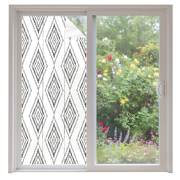Black Concentric Diamond Window Privacy Film Modern Abstract Geometric Checkered Grid Decorative Glass Window Film UV Blocking Static Cling Sticker Covering for Home Door 35.4x78.7 inches