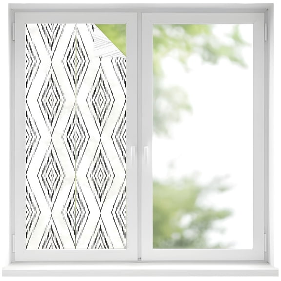 Black Concentric Diamond Window Privacy Film, Modern Abstract Geometric Checkered Grid Frosted Glass Window Clings Static Cling UV Heat Blocking Reusable Door Sticker for Bathroom 19.6 x 39.3 Inch