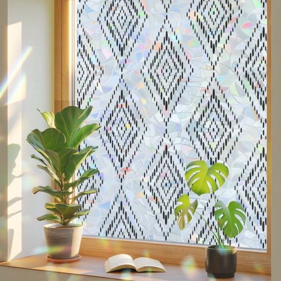 Black Concentric Diamond Window Privacy Film, Modern Abstract Geometric Checkered Grid Stained Glass Rainbow Film Decorative Window Clings, Static Cling Sun Blocking Stickers 17.7" x 39.3"