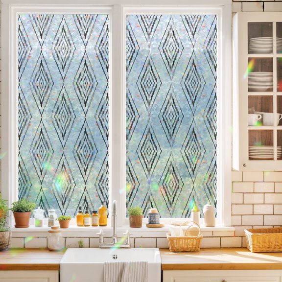 Black Concentric Diamond Window Privacy Film Modern Abstract Geometric Checkered Grid Static Cling Stained Glass Window Film Non-Adhesive Decorative Decals Rainbow Sticker 17.7"X39.3"