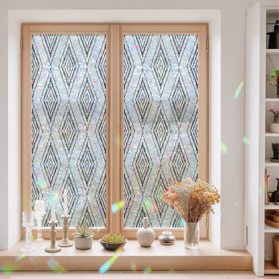 Black Concentric Diamond Window Privacy Film Modern Abstract Geometric Checkered Grid Static Cling Stained Glass Window Film Non-Adhesive Decorative Decals Rainbow Sticker 23.6"X59"