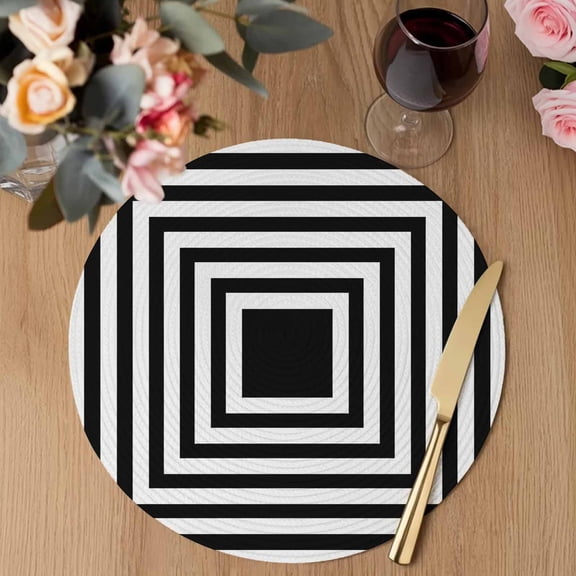 Black Concentric Squares Round Braided Placemats Set of 4, Modern Abstract Minimalist Geometric Lines Heat Insulation Place Mats Washable Non-Slip Table Mats for Kitchen Dining Party, 15 Inches
