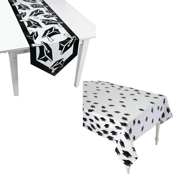 Black Congrats Grad Disposable Table Runner & Tablecloth Decorating Kit  2 pc