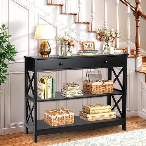Black Console Table, 3-Tier 40 Inch Entryway Hallway Table Long Narrow ...