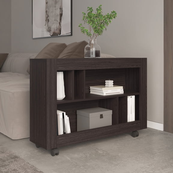 Black Console Table Cart With 6 Shelves, For Living, Entryway, Side Spaces, Easy To Assemble, Mobility, Space Efficient Furniture Piece In , Shelves Various Demands, Living Room, Table, Simple