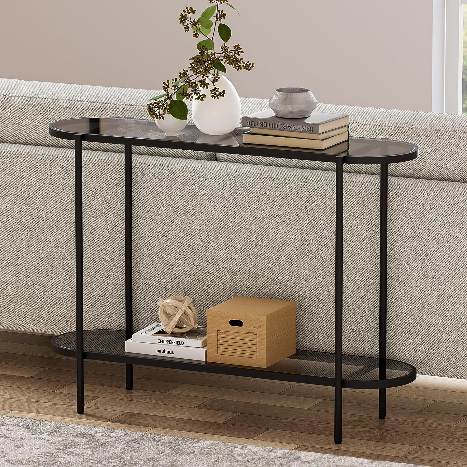 Black Console Table, Narrow Glass Sofa Table, 2Tier Black Tempered Glass Modern Entryway Table