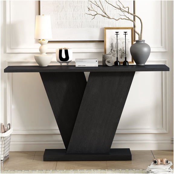 Black Console Table with Acacia Wood Veneer, V-Base Sofa Table for Entryway, Hallway or Living Room, Display Table with Easy Assembly
