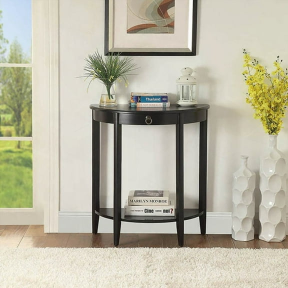 Black Console Table with Bottom Shelf - Half-Moon Shape for Elegance