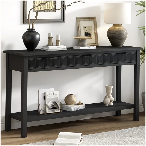 Black Console Table with Honeycomb Pattern Drawers and Solid Fir Legs for Entryway Hallway and Living Room