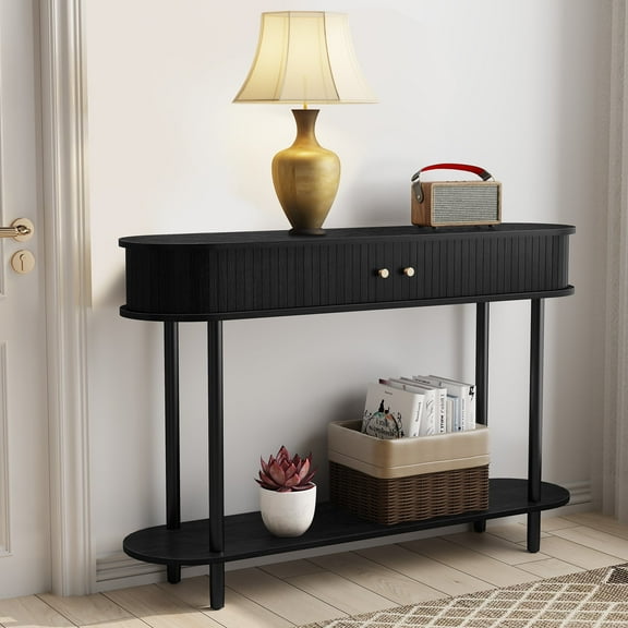Black Console Table with Storage, Modern Sofa Table with Sliding Doors, and Open Storage