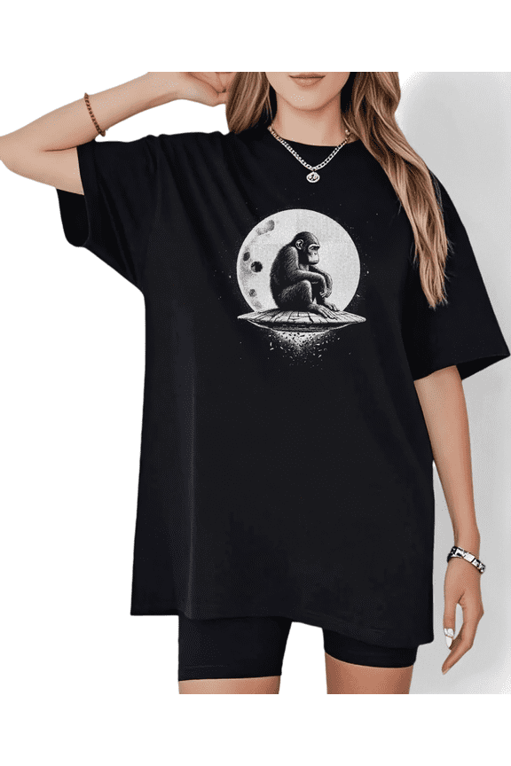 Black Contemplative Ape On UFO Under Moon Graphic Tees Print Tshirt Casual Shirts For Women Sci-Fi Humor And Daily Wear Tops S-5XL