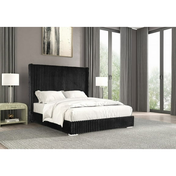 Black Contemporary 1pc Full Size Bedroom Furniture Made of Fur Chenille Fabric & Mattress Ready