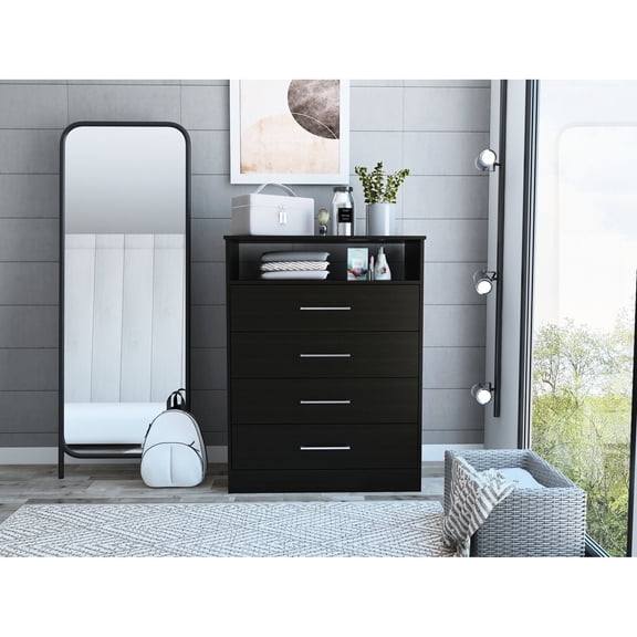 Black Continental Dresser with Four Spacious Drawers | Used in Bedroom to Store Frequent - use Items | Offers Easy Organization and Contemporary Appeal