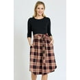 thumbnail image 1 of Black Contrast 3/4 Sleeve Plaid Sash Midi Dress | S-XL, 1 of 7