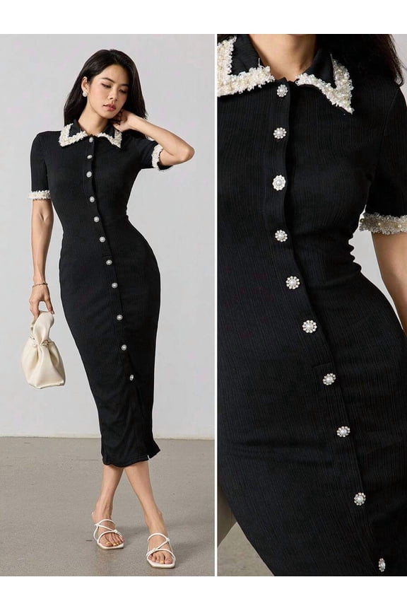 Black Contrast Trim Pearl-Embellished Button Front Bodycon Dress