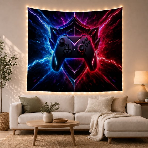 Black Controller Against Blue, Purple and Red Lightning, Dramatic Digital Art for Gamers, Neon Gaming Decor, Birthday Gift, Tapestry Wall Hanging for Gaming Room and Bedroom