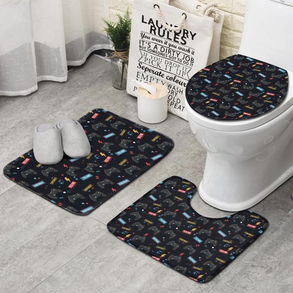 Black Controllers Games Labels Black Pattern Bathroom Rugs Sets 3 Piece,Toilet Cover Set,Absorbent Non Slip Bathroom Mats Sets with U-Shaped Contour Rug Toilet Rug Set