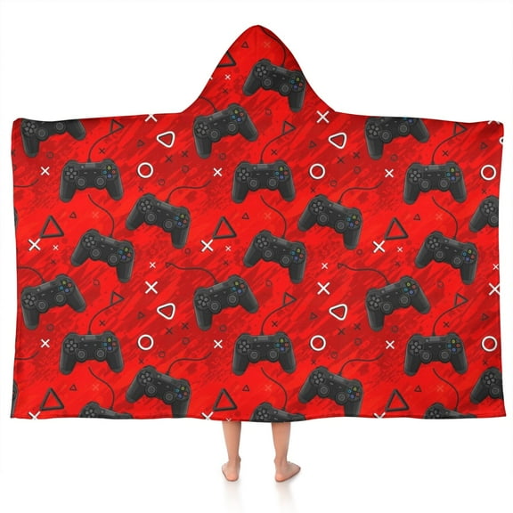 Black Controllers Games Symbols Red Pattern Hooded Bath Towel,50"x30" for Ages 3 To 12 Kids, Quick Dry Lightweight Soft Microfiber Hood Beach Towel Cover Up for Kids