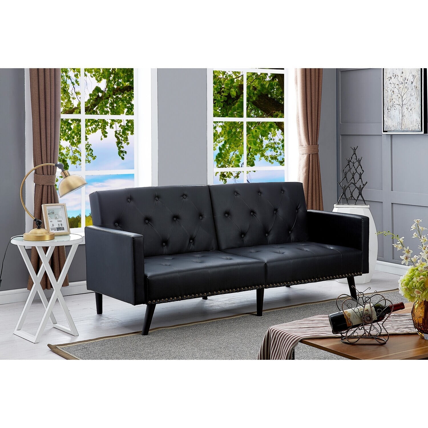 Black Convertible Futon Sofa, Modern Reclining Black Sleeper Sofa