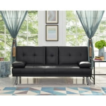 Black Convertible Futon Sofa, Modern Reclining Black Sleeper Sofa with Armrest and Cupholder, Faux LeatherFuton Sofa Bed