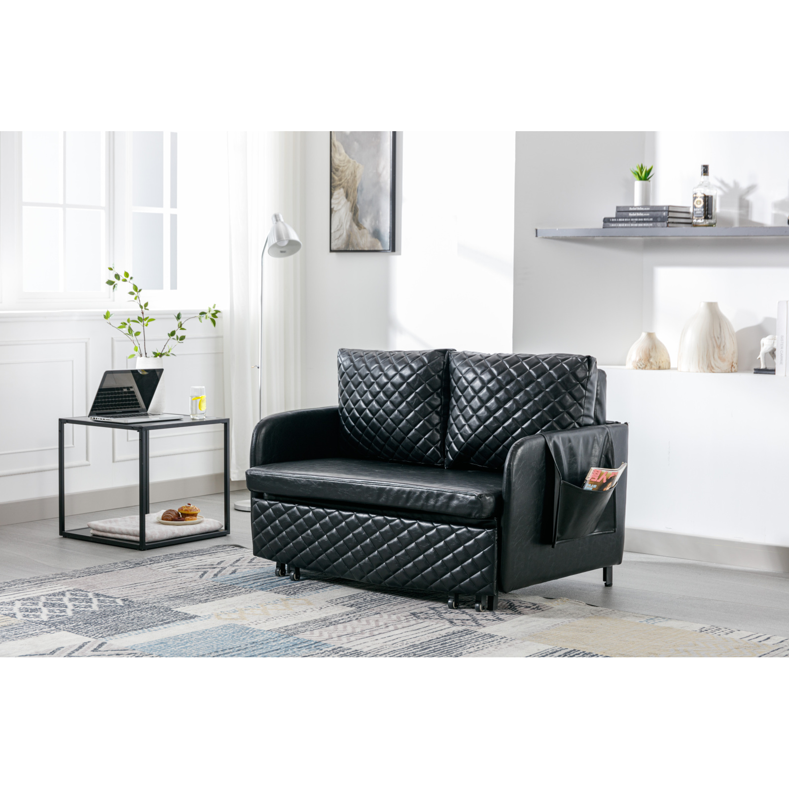 Black Convertible Sleeper Sofa Bed Plush Velvet Loveseat with Pull