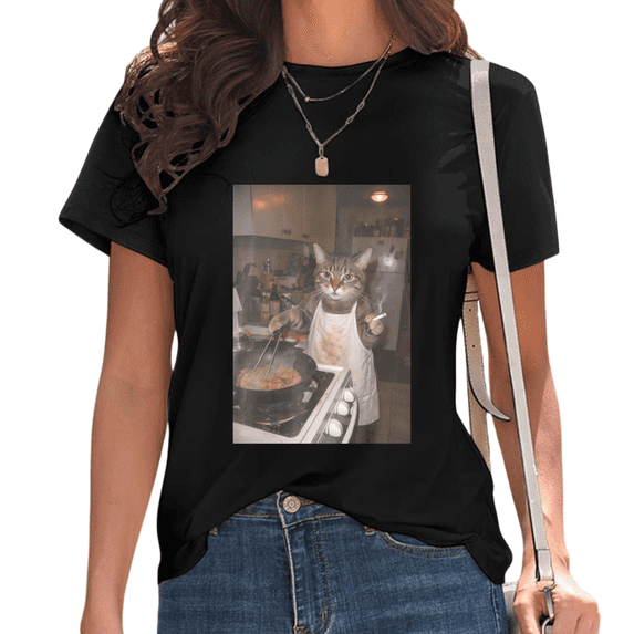 Black Cooking Cat Meme in Kitchen Print Tshirt Graphic Tees Shirts Funny Culinary Cat Lover Tops S-5XL